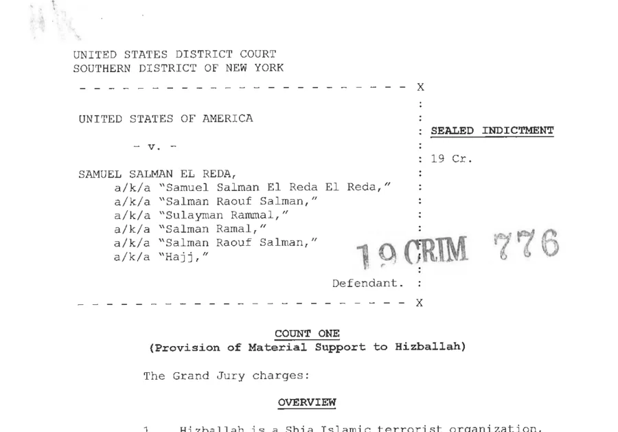 Page 1 of a sealed indictment filed in the Southern District of New York, count one: provision of material support to Hezbollah